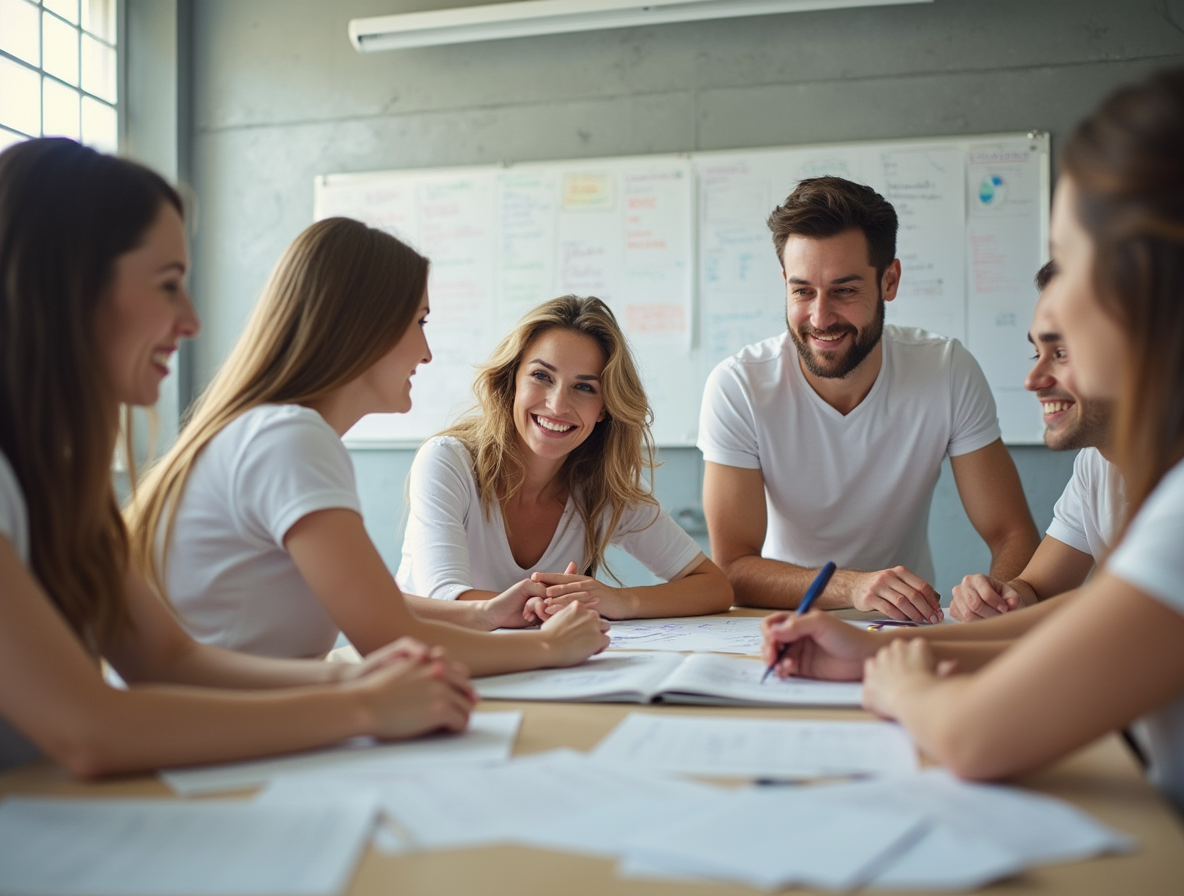 A group of people wearing white t shirts and working together around a larger desk some persons are rr4msp8kxgsschsdb1bu 3